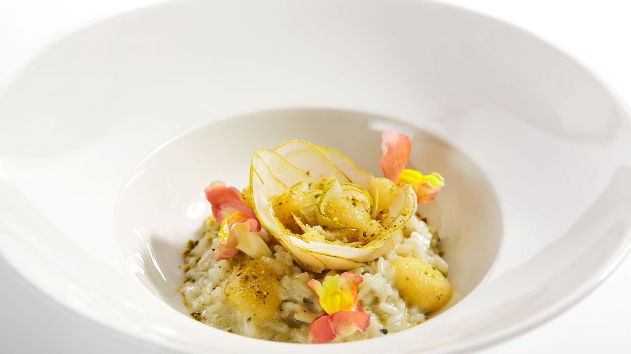 O risoto de pêra e Gorgonzola é bom duas vezes. É por isso