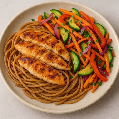 Espaguete Integral com Legumes Salteados e Frango