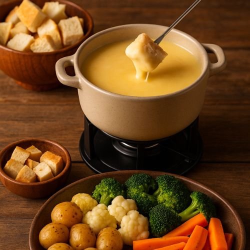 Fondue Salgado de Queijos com Pão Italiano e Legumes Assados