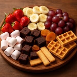 tábua com frutas, marshmallows e outras delícias para fondue