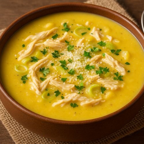 Sopa Cremosa de Mandioquinha com Frango e Alho-Poró