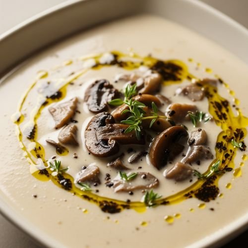 Caldo Cremoso de Cogumelos Frescos com Azeite Trufado